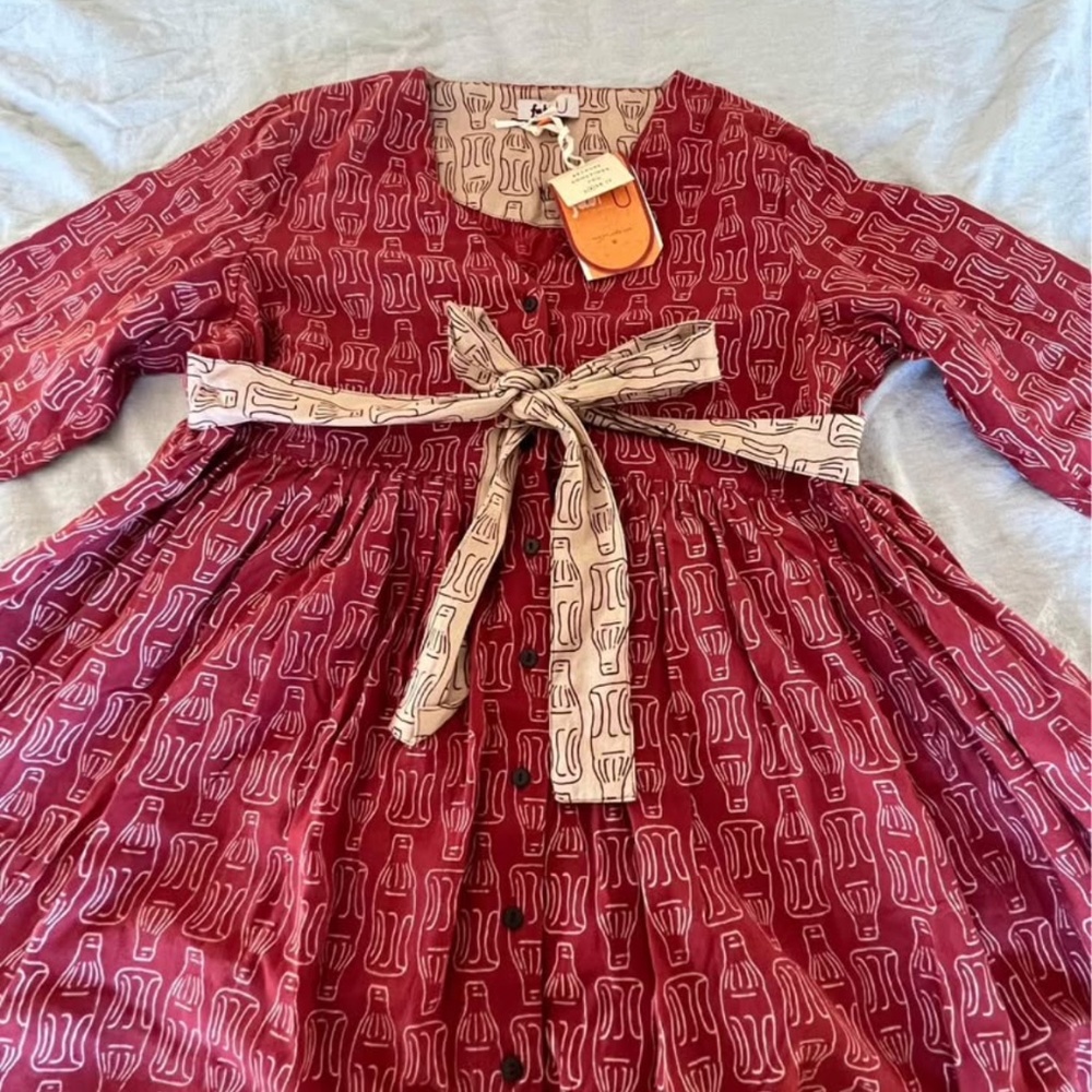 New FabIndia Indian Hand-Dyed Cotton Textile Babydoll Dress With Quirky Bottle P